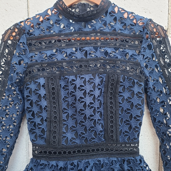 Self Portrait | High Neck Star Lace Panelled Dress in Navy Blue Black Size 0 - Picture 5 of 10
